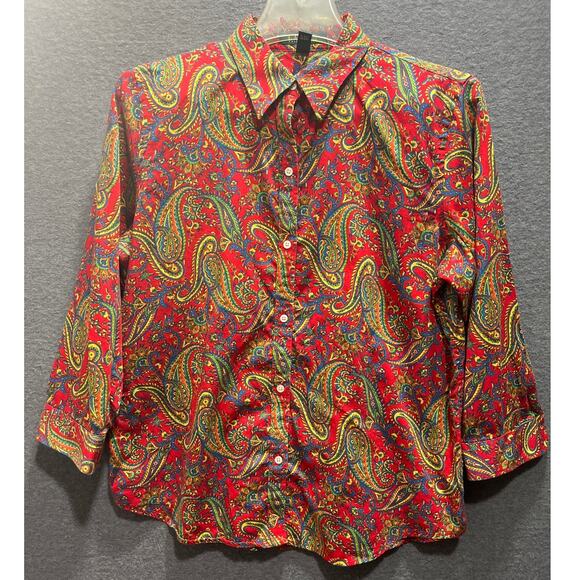 Lauren Ralph Lauren Womens Cotton Paisley Button Down Shirt 3/4 Sleeves Size L - Picture 2 of 7